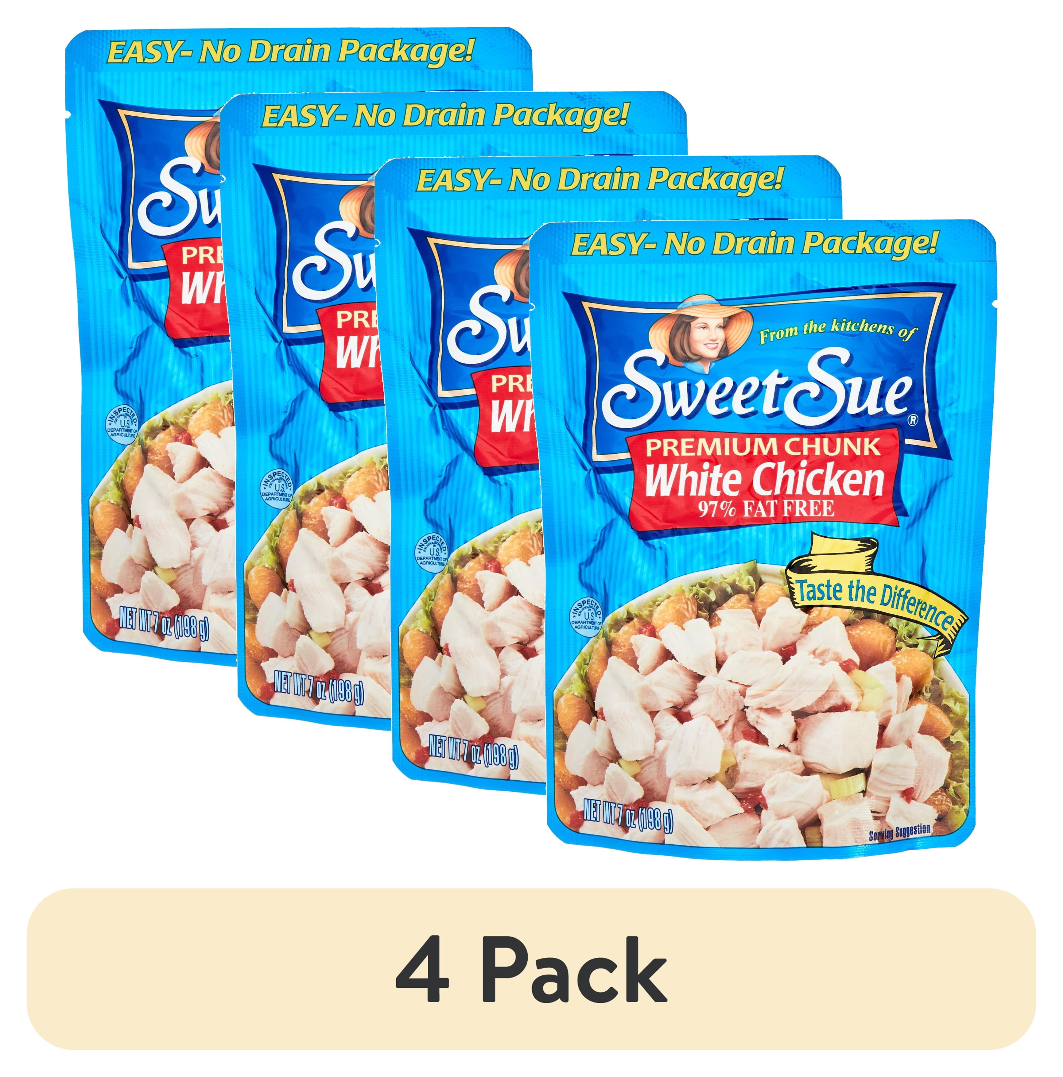 (4 pack) Sweet Sue Premium Chunk Chicken Breast, 97% Fat Free, 13g Protein Per Serving, Gluten Free, Ready to Eat, Shelf Stable Pouch, 7 oz