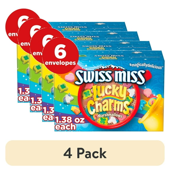 (4 pack) Swiss Miss Chocolate Flavored Hot Cocoa Mix with Lucky Charms Marshmallows, 1.38 oz., 6-Count