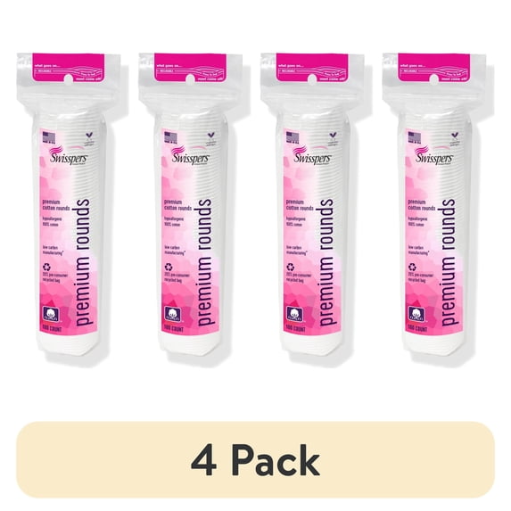 (4 pack) Swisspers Premium Cotton Rounds, 100% Pure Chlorine Free Cotton, Dermatologist Tested, Soft, Strong, Sensitive Skin Safe, Absorbent, Hypoallergenic, Cruelty-Free, Paraben Free, 100 Pads