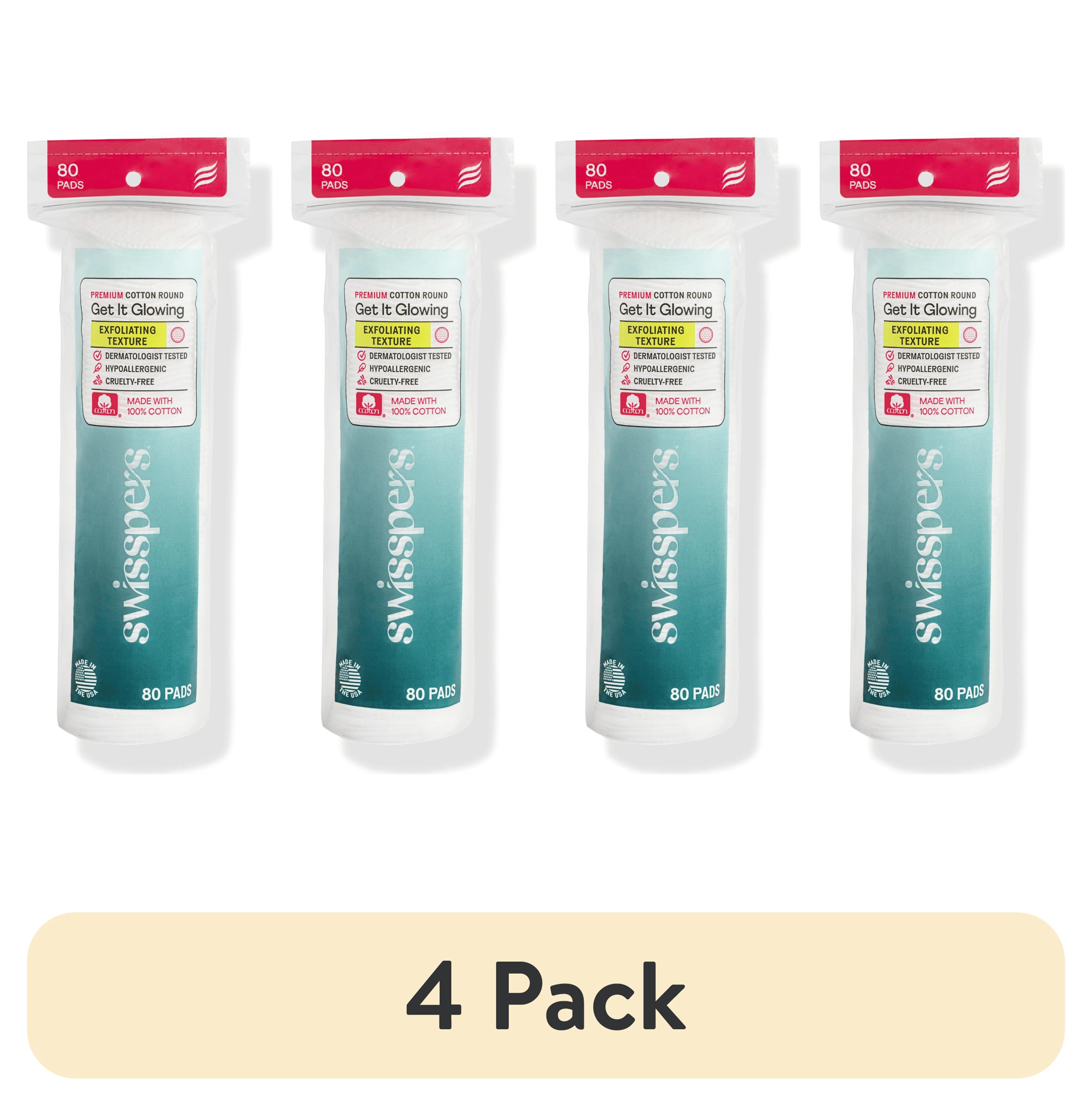 (4 pack) Swisspers Premium Exfoliating 100% Pure Chlorine Free Cotton Rounds, Dermatologist Tested, Soft, Absorbent, Dual-Sided, Gentle Natural Exfoliation, Sensitive Skin Safe, Vegan, Cruelty-Free, 80 Pads