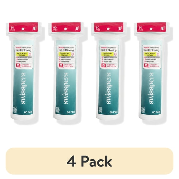 (4 pack) Swisspers Premium Exfoliating 100% Pure Chlorine Free Cotton Rounds, Dermatologist Tested, Soft, Absorbent, Dual-Sided, Gentle Natural Exfoliation, Sensitive Skin Safe, Vegan, Cruelty-Free, 80 Pads