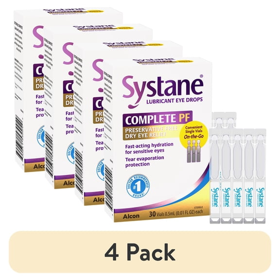 (4 pack) Systane Complete Preservative Free Lubricating Eye Drops, 8 Hours Dry Eye Relief, 30 Vials