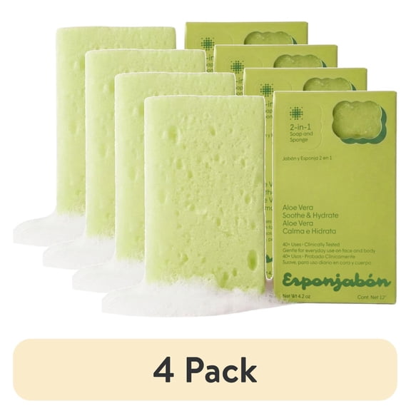 (4 pack) Esponjabon Aloe Vera Soap Sponge – Soothe & Hydrate 2-in-1 Soap Sponge – For Face and Body - 4.2 oz