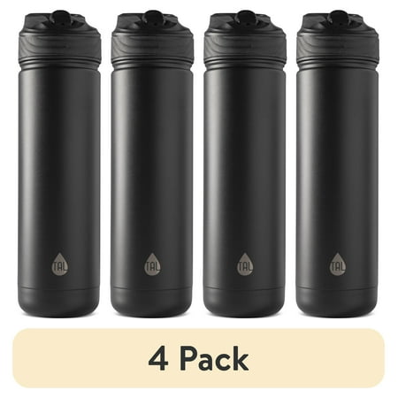 (4 pack) TAL 26oz Stainless Steel Ranger Water Bottle with Easy Sip Straw, Black