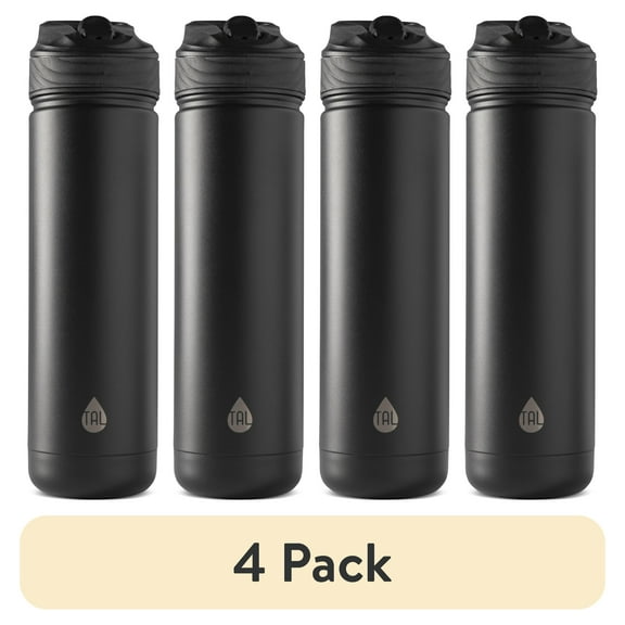 (4 pack) TAL Stainless Steel Ranger Water Bottle with Easy Sip Straw 26 oz, Black