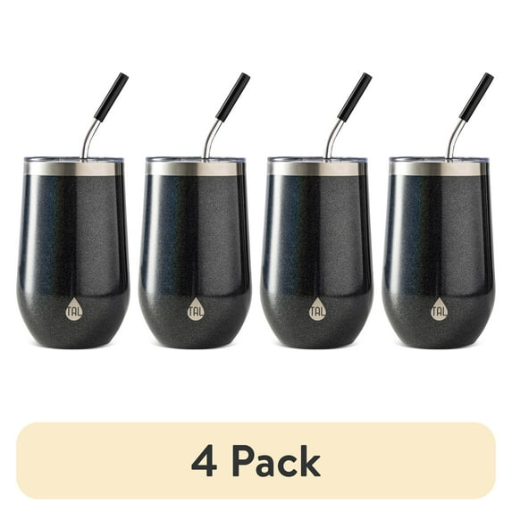 (4 pack) TAL 16oz Stainless Steel Wine Tumbler with Straw, Black Shimmer