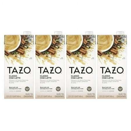 (4 pack) TAZO Classic Chai Latte Black Tea Concentrate, Made From Real Black Tea, 32oz Carton