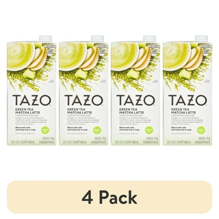 (4 pack) TAZO Green Tea Matcha Latte Concentrate, Sweetened with Notes of Honeydew Melon & Tropical Fruit, 32oz Carton