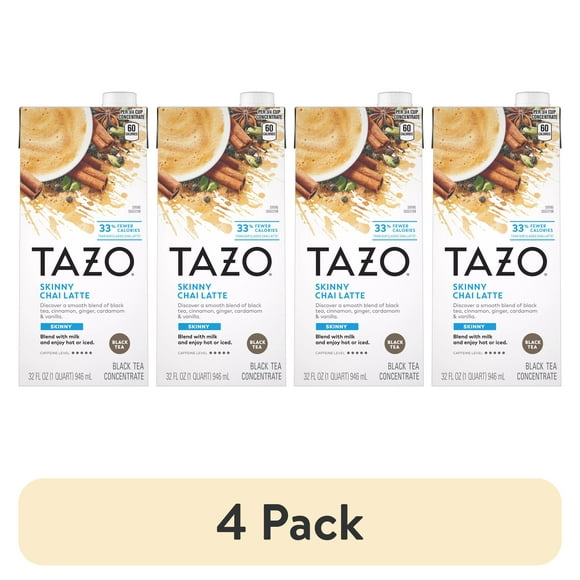 (4 pack) TAZO Skinny Chai Latte, Black Tea Concentrate, Hot or Iced Tea, 32 oz Carton