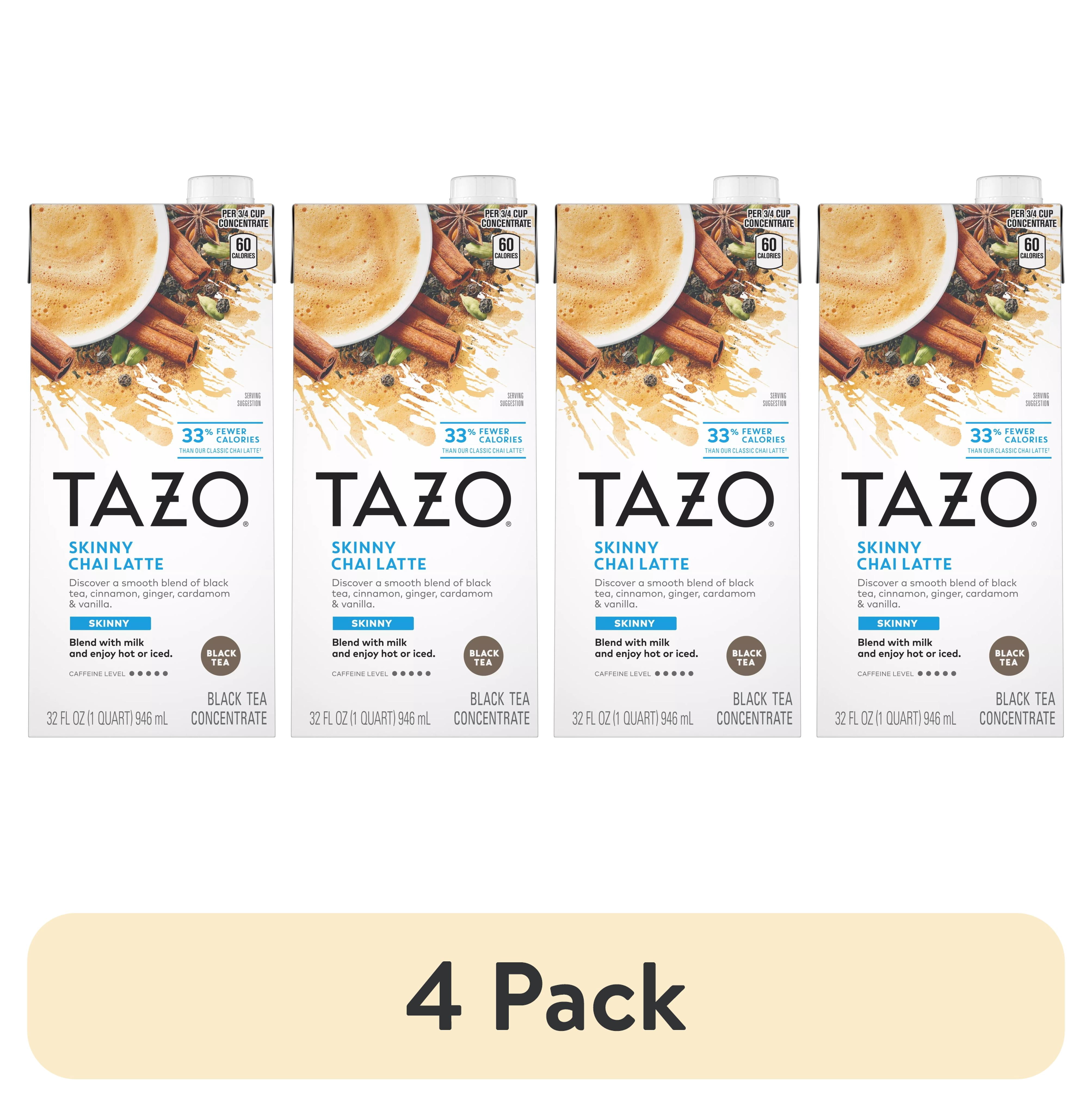 (4 pack) TAZO Skinny Chai Latte, Black Tea Concentrate, Hot or Iced Tea, 32 oz Carton