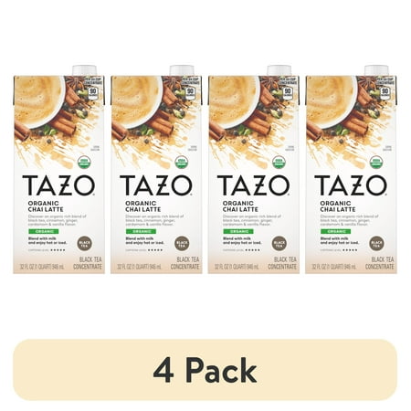 (4 pack) TAZO Organic Chai Latte Black Tea Concentrate, Enjoy Hot or Iced, 32 oz Carton