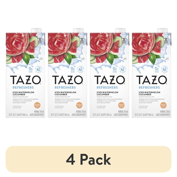(4 pack) TAZO Refreshers Herbal Iced Tea Mix, Watermelon Cucumber, Caffeine-Free, 32 oz Carton