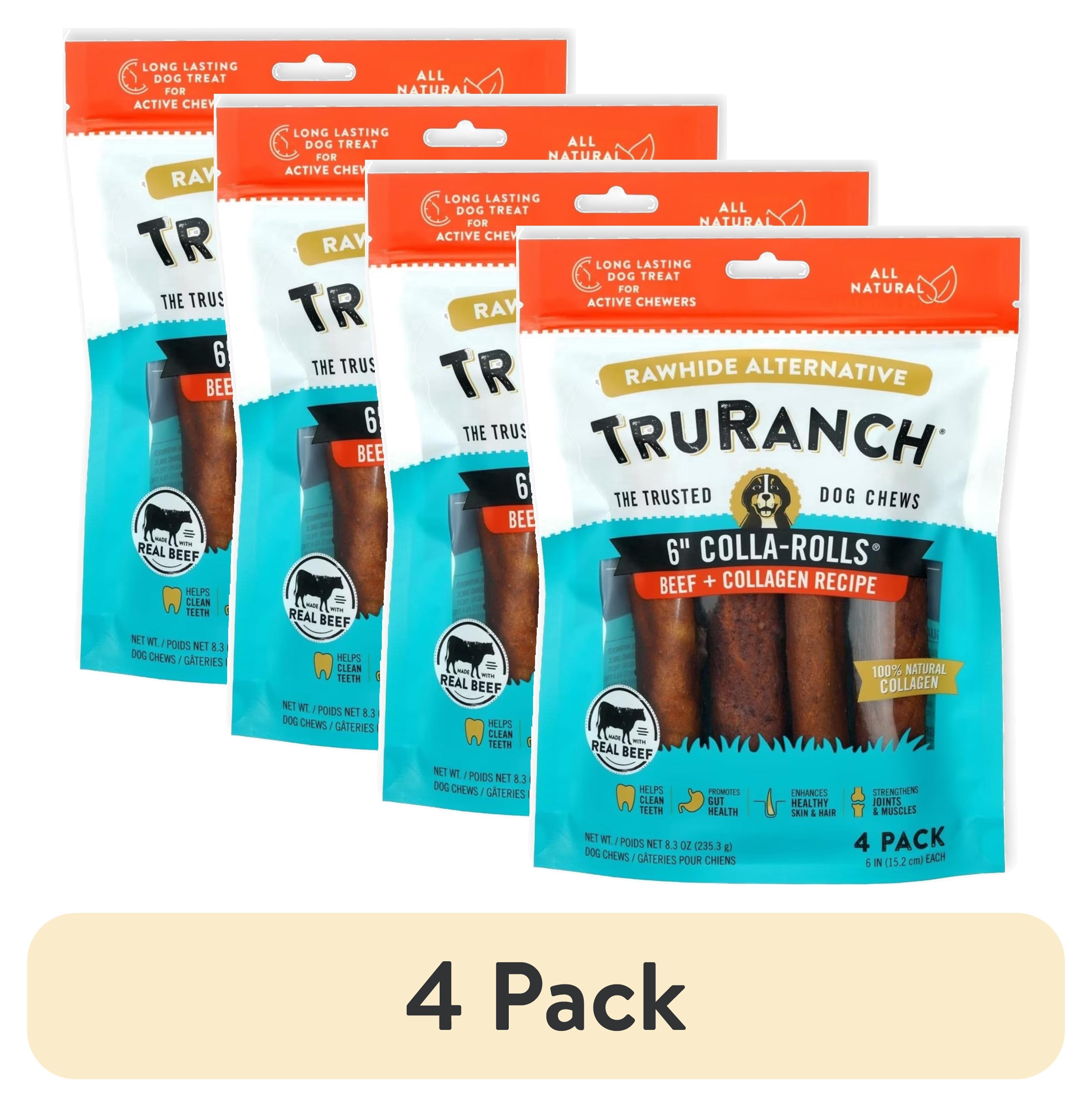 (4 pack) TRURANCH Collagen Rolls - 6" Collagen Rolls for Dogs - Long Lasting Healthy Joint Support Dog Treat - Rawhide Alternative - Skin & Coat Health - Made with Real Beef, 1 Bag, 4 Count