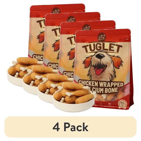 (4 pack) TUGLET Dog Treats, Chicken Wrapped Calcium Bone, Rawhide & Grain Free Dog Snack for Small Medium Large Dogs, Teeth Clean Bone for Dogs, 16 oz