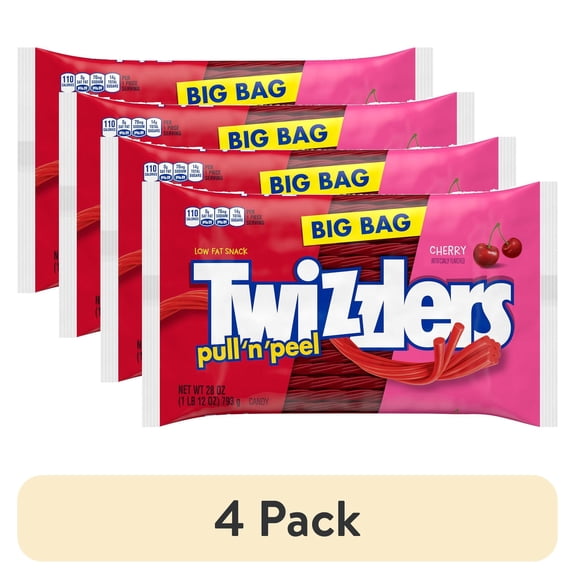 (4 pack) TWIZZLERS PULL 'N' PEEL Cherry Flavored Licorice Style, Low Fat Candy Big Bag, 28 oz