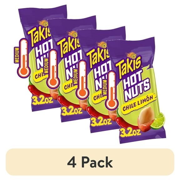 (4 pack) Takis Chile Limon Hot Nuts 3.2 oz Snack Size Pouch, Chili Pepper & Lime Double-Crunch Peanuts