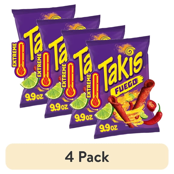 (4 pack) Takis Fuego 9.9 oz Sharing Size Bag, Hot Chili Pepper & Lime Rolled Tortilla Chips