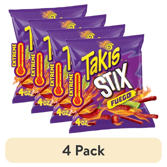 (4 pack) Takis Fuego Stix 4 oz Snack Size Bag, Hot Chili Pepper & Lime Corn Snack Sticks
