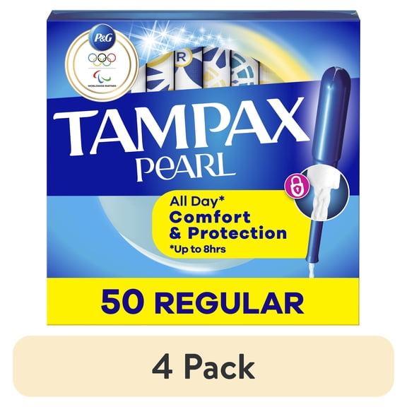 (4 pack) Tampax Pearl Tampons with LeakGuard Braid, Regular Absorbency, 50 Ct