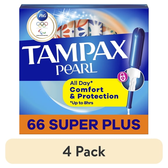 (4 pack) Tampax Pearl Tampons with LeakGuard Braid, Super Plus Absorbency, 66 Count