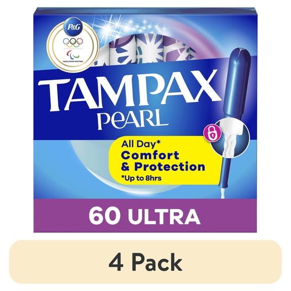 (4 pack) Tampax Pearl Tampons with LeakGuard Braid, Ultra Absorbency, 60 Ct