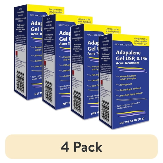 (4 pack) Adapalene Gel 0.1% USP - Skin Care Acne Medication for Sensitive Skin, Acne Treatment Solution, Paraben Free, Topical Retinoid Gel. Prescription Strength Formula - FDA Approved (0.5 oz)