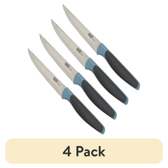 (4 pack) Tasty 4 Piece Stainless Steel Steak Knife Set, Serrated Edge, Blue