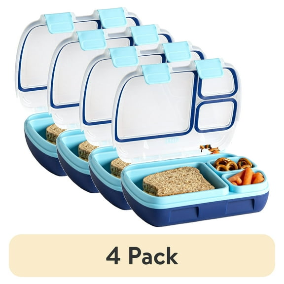 (4 pack) Tasty Bento Box, Lunch Box for Kids and Adults with Removable Tray and Handle, Blue