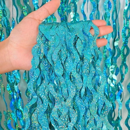 4 pack Teal Aqua Blue Wavy Foil Fringe Curtains Party Decorations - 3.3 ft x 6.6 ft Sparkle Streamer Tinsel Curtain Party Photo Backdrops for Birthday Party Christmas Graduation Decoration