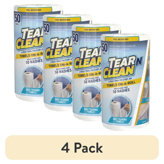 (4 pack) Tear-N-Clean Reusable Multi-Purpose Microfiber Cleaning Towels on a Roll, 50 Count, White