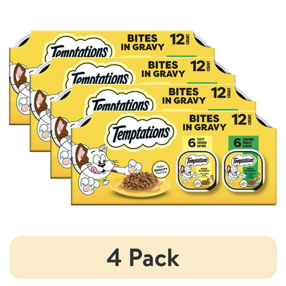 (4 pack) Temptations Bites in Gravy Flavor Wet Cat Food Variety Pack, 3.5 oz Tray (12 Pack)