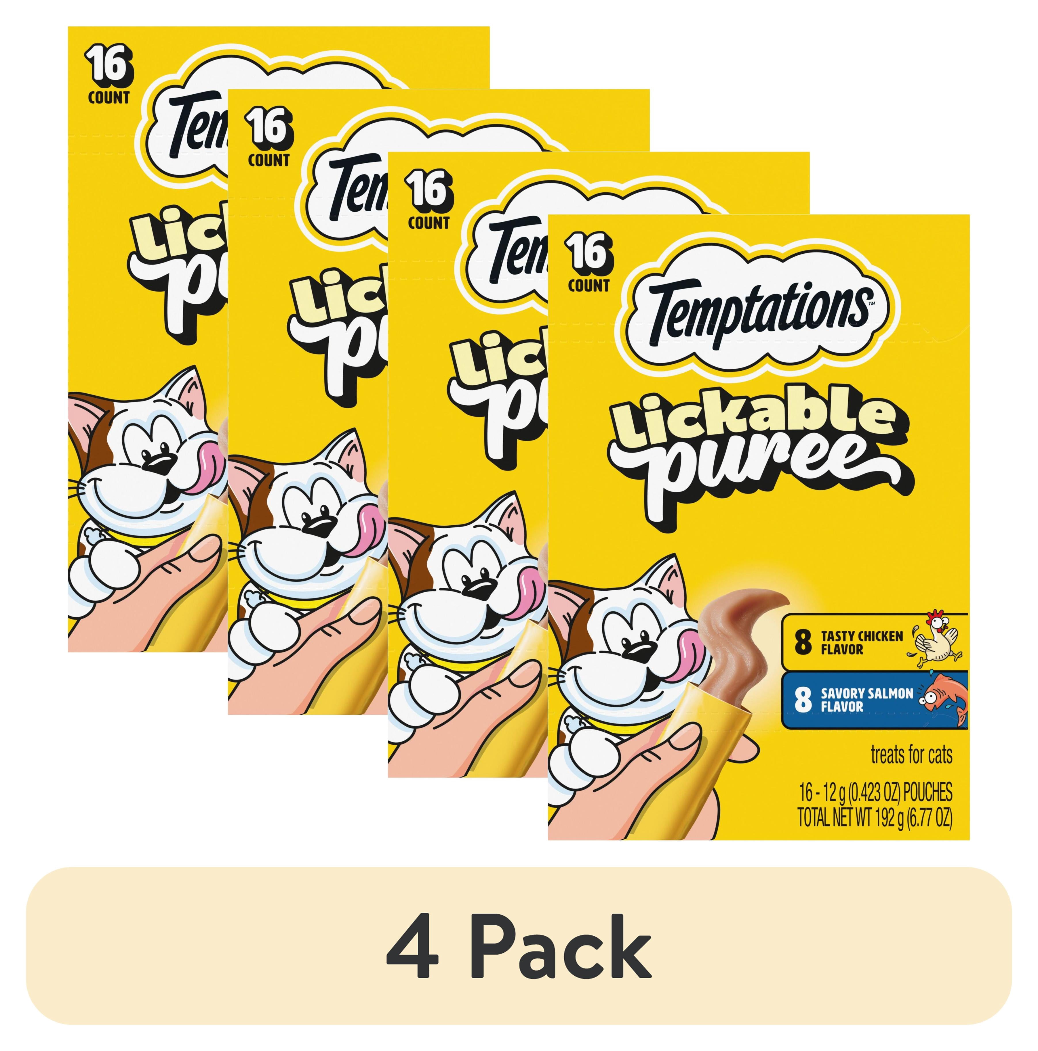 (4 pack) Temptations Creamy Puree Salmon and Chicken Flavor Crunchy Treats for Cats, 6.7 oz Pouches (16 Pack)