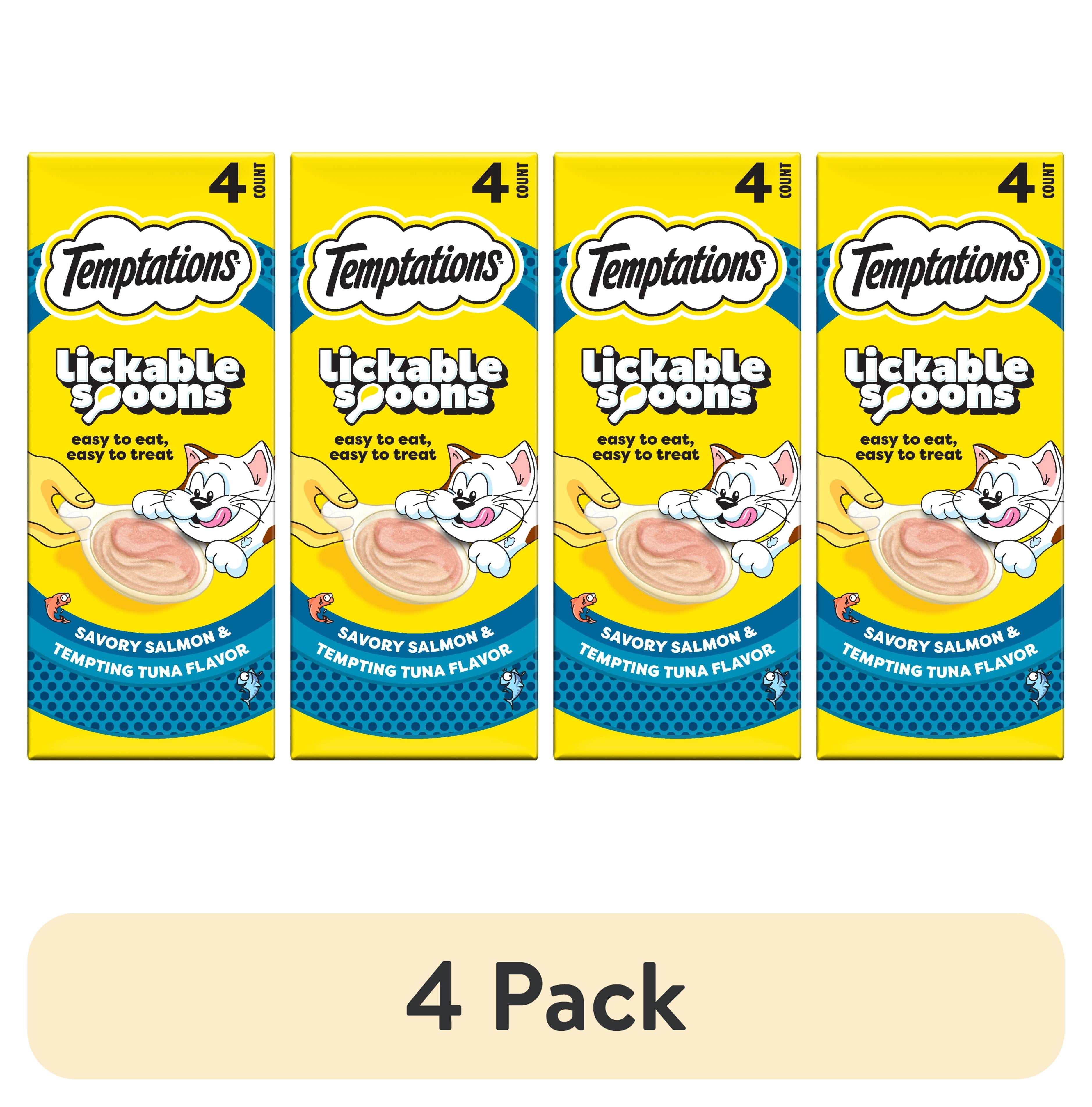 (4 pack) Temptations Lickable Spoons Wet Cat Treat, Savory Salmon & Tempting Tuna, 10 Grams, Pack of 4