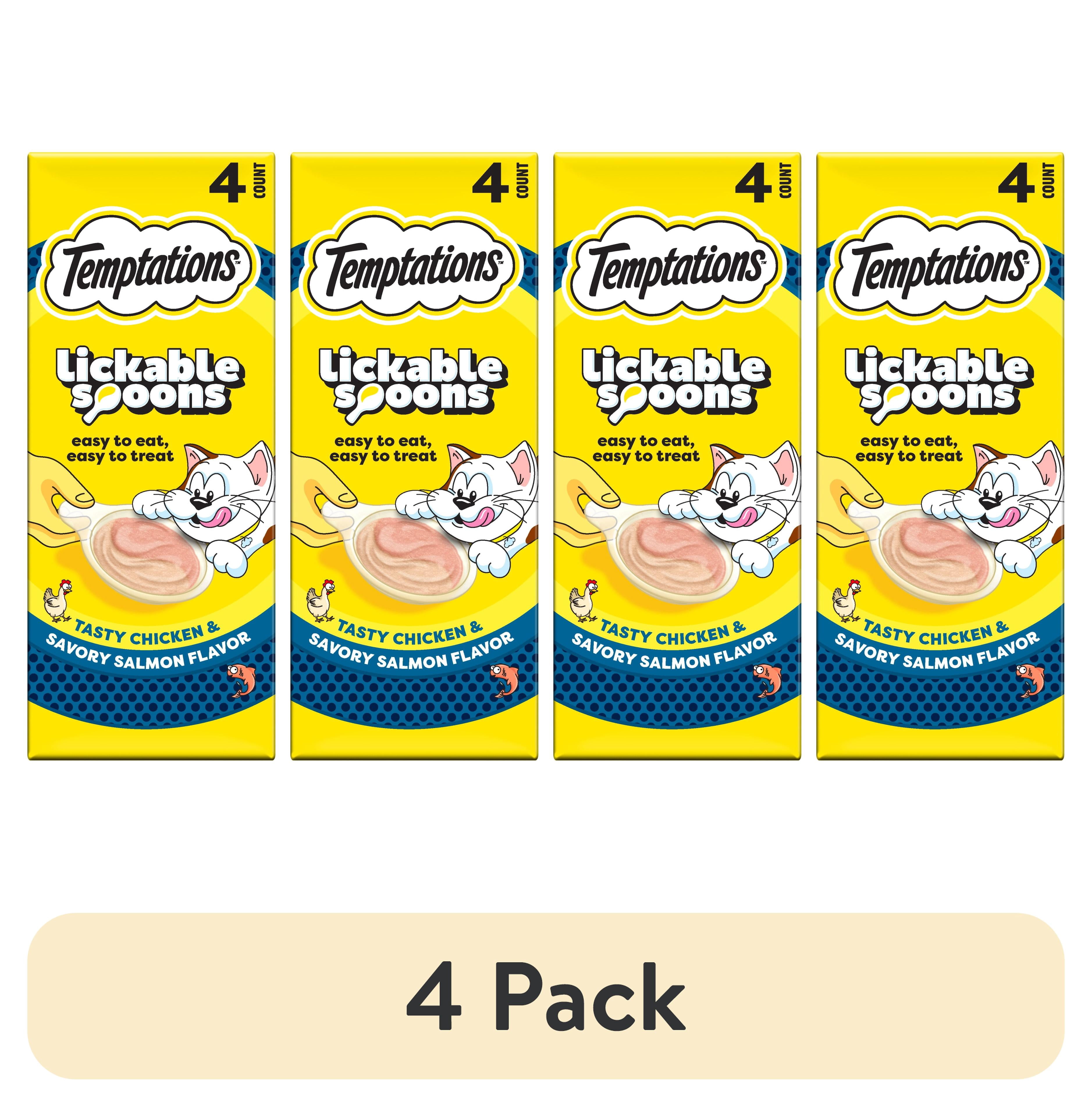 (4 pack) Temptations Lickable Spoons Wet Cat Treat, Tasty Chicken and Savory Salmon, 10 Grams, Pack of 4
