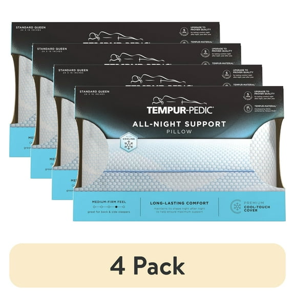 (4 pack) Tempur-Pedic All-Night Support Bed Pillow and Cooling, Pain-Relieving Support, Standard/Queen, Adult