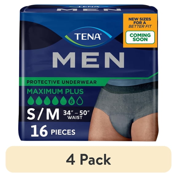 (4 pack) TENA Men Protective Underwear Maximum Plus, S/M, 16 count (Waist size 34in-50in)
