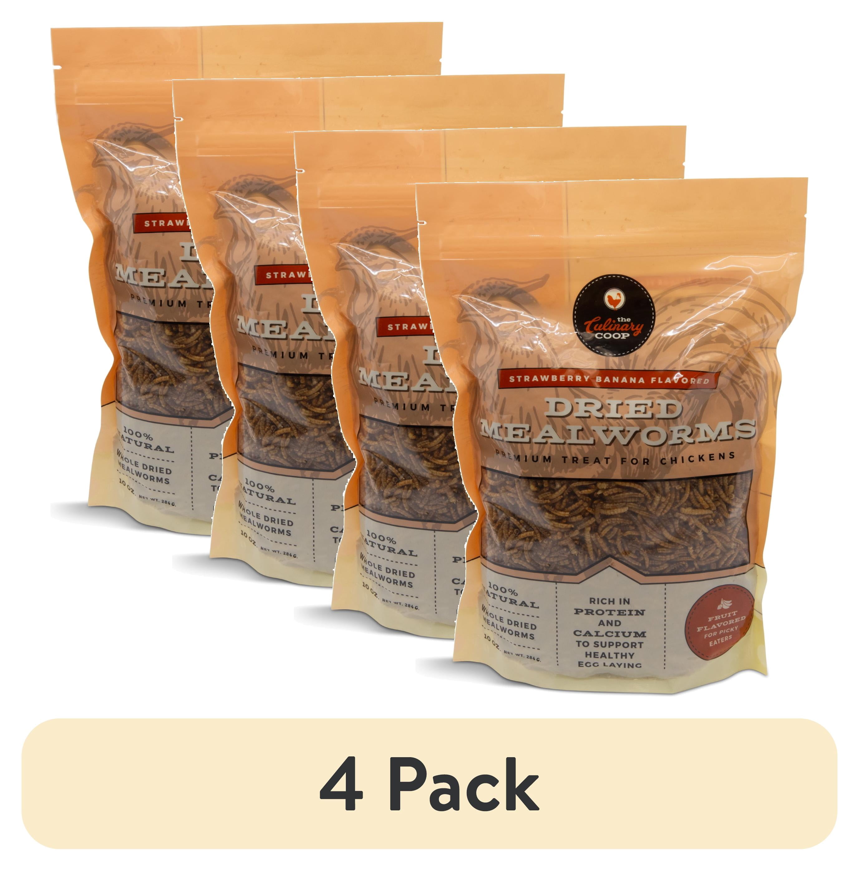 (4 pack) The Culinary Coop, Strawberry Banana Flavored Mealworms, Premium Treats for Chickens, 10 oz Bag