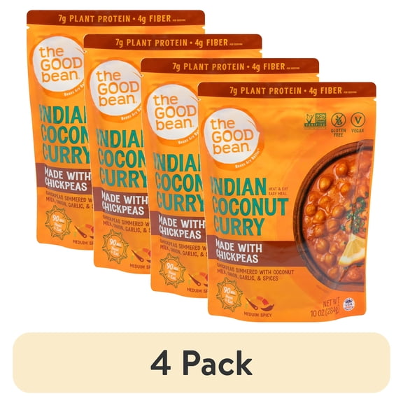 (4 pack) (4 pack) The Good Bean Heat and Eat Pouch, Indian Coconut Curry Chickpeas, 10 oz