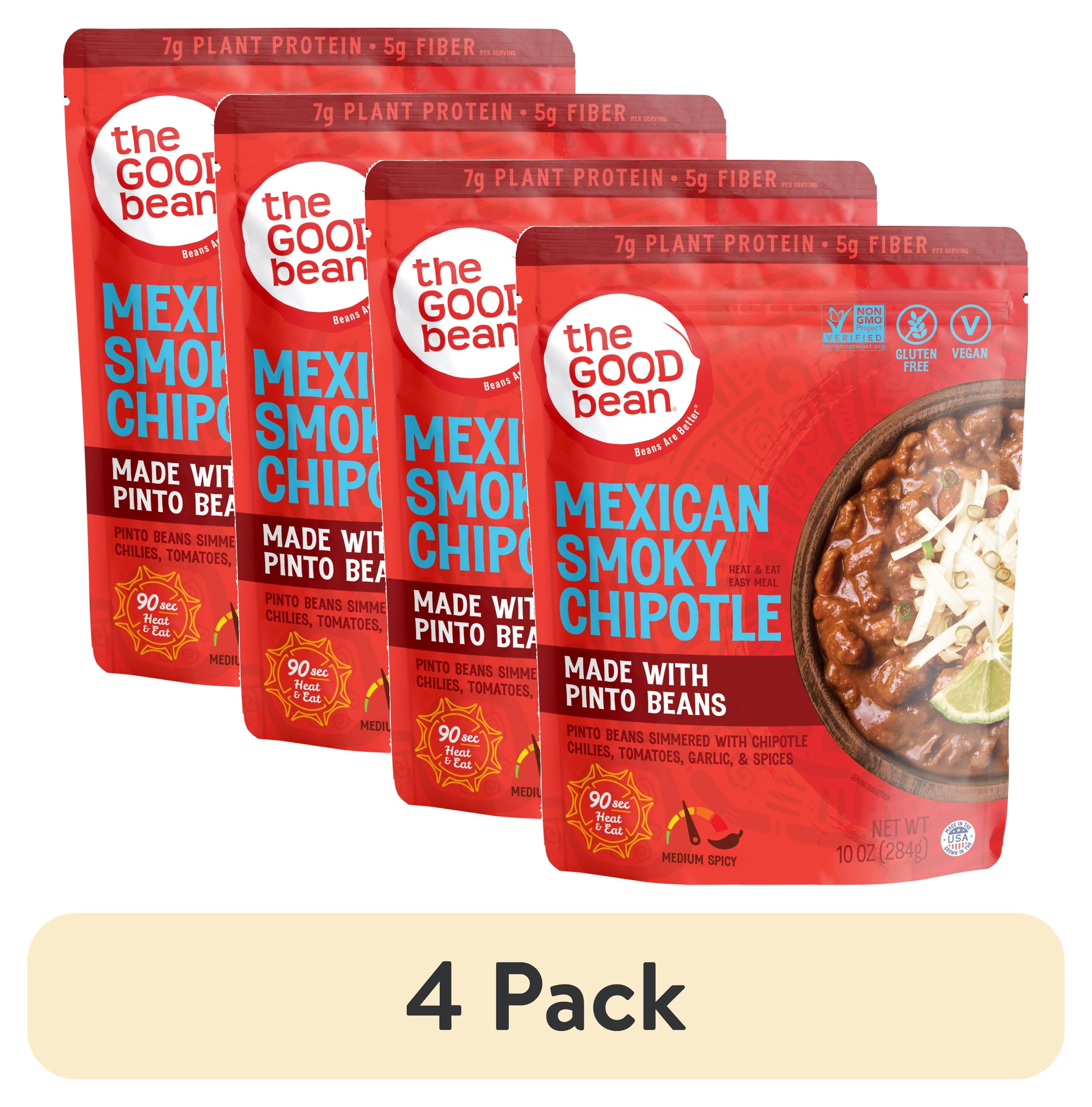 (4 pack) The Good Bean Heat and Eat Pouch, Mexican Smoky Chipotle Pinto Beans, 10 oz