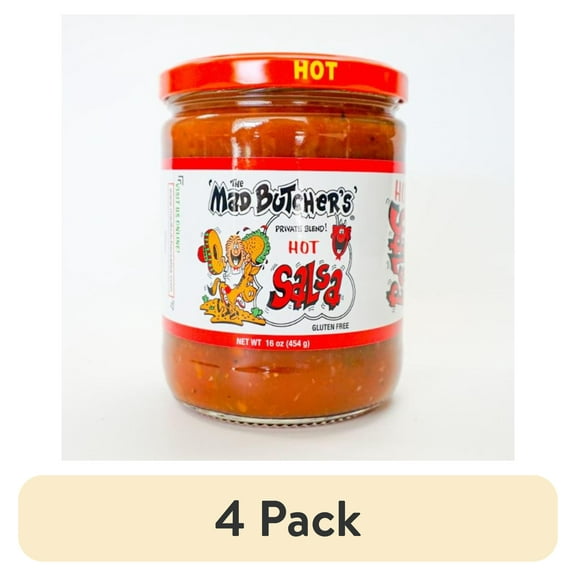 (4 pack) The Mad Butcher's Private Blend Hot Salsa, Gluten Free, Shelf-Stable, 16 oz Jar