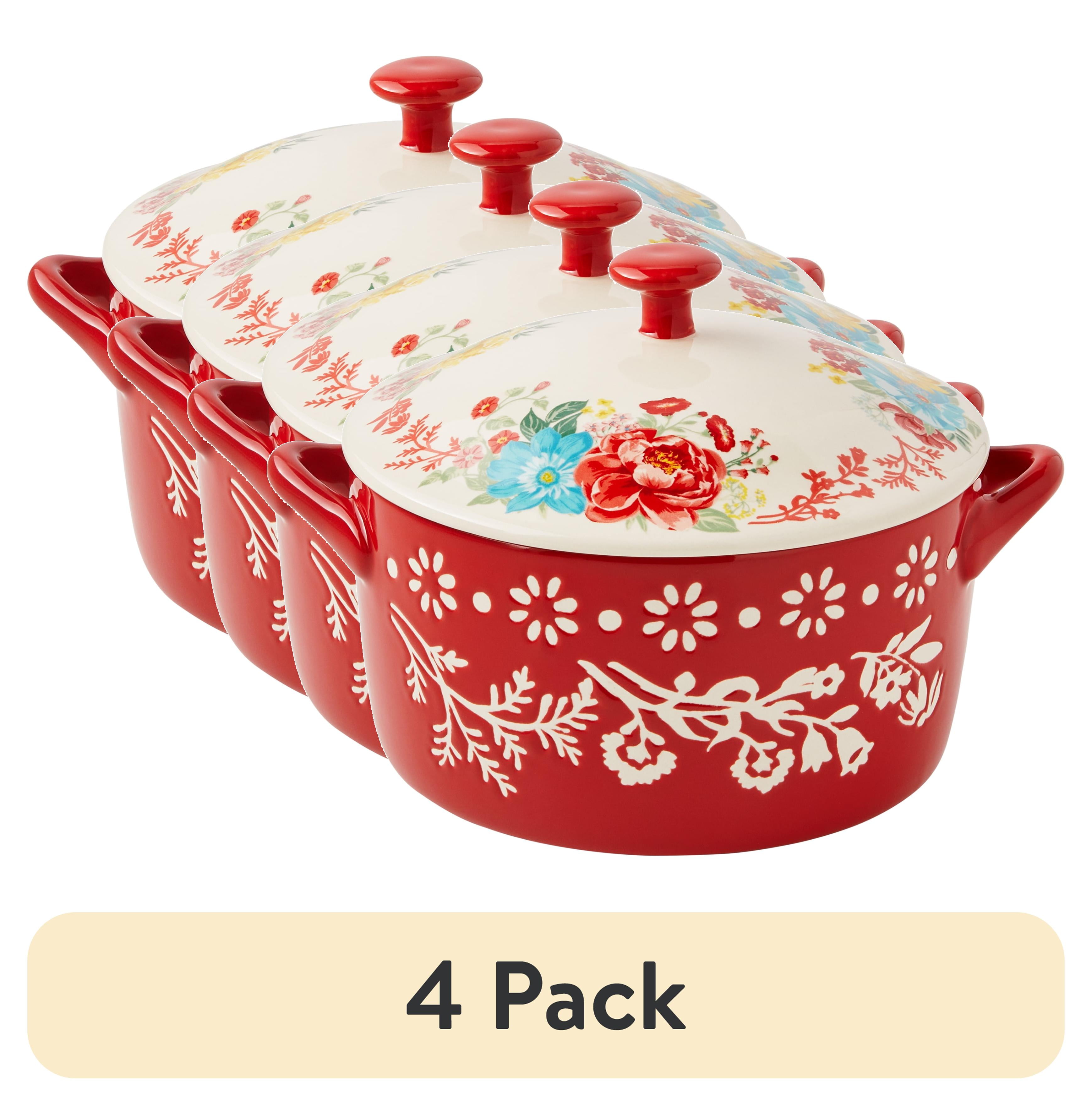 (4 pack) The Pioneer Woman Fancy Flourish Round Ceramic Casserole Dish with Lid