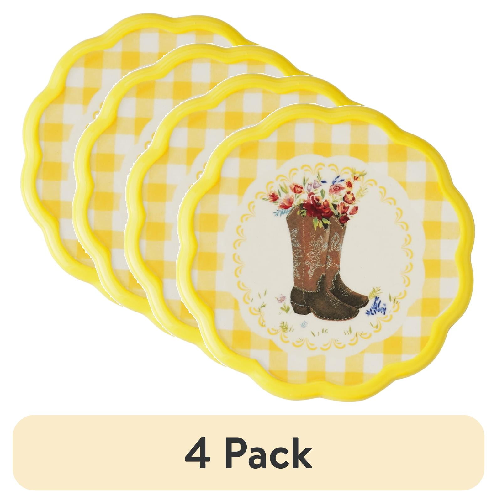 (4 pack) The Pioneer Woman Gingham with Ranch Icons Set of 4 Ceramic Coasters