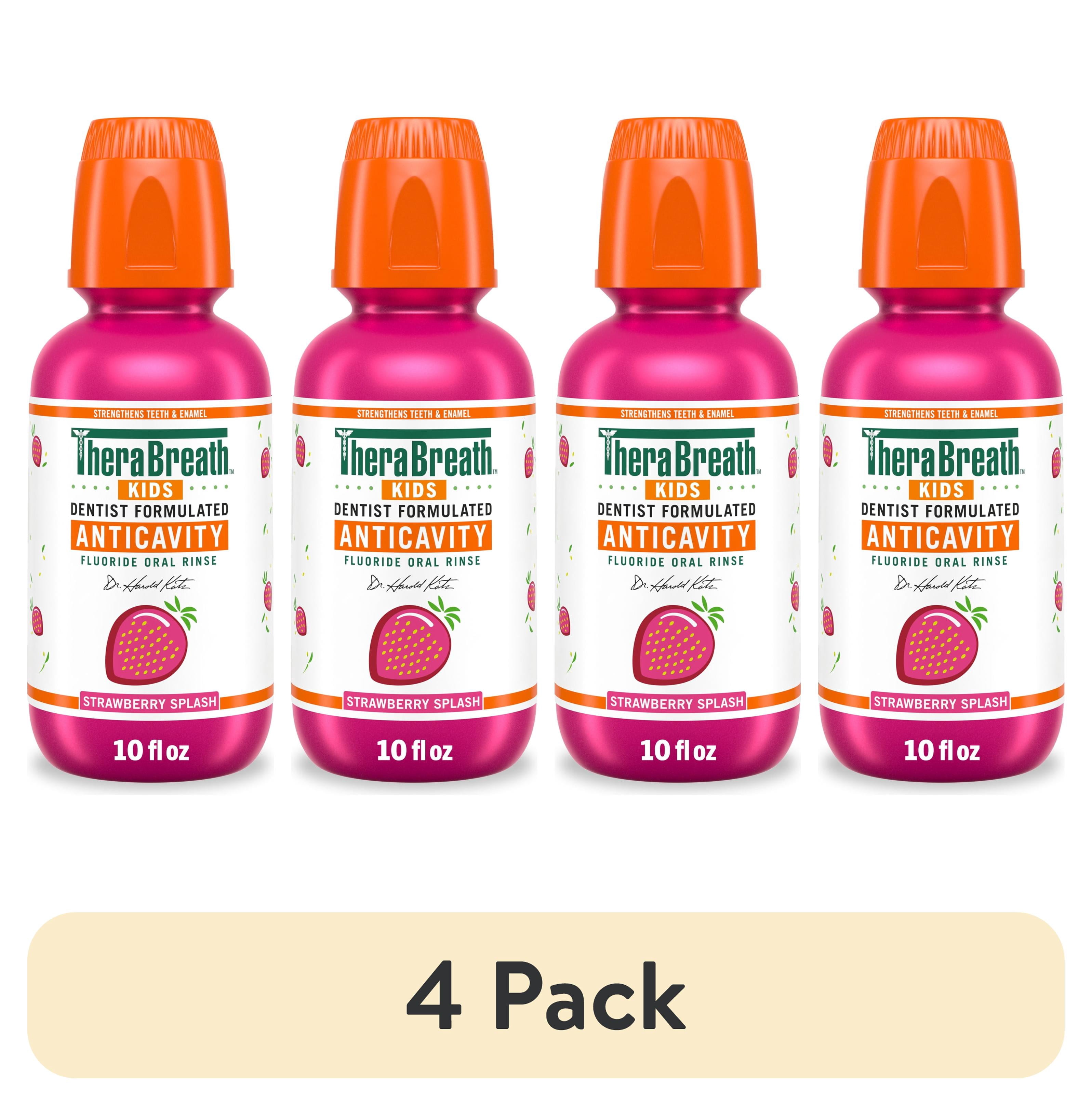 (4 pack) TheraBreath Kids Mouthwash with Fluoride, Organic Strawberry Splash, Anticavity, 10 fl oz