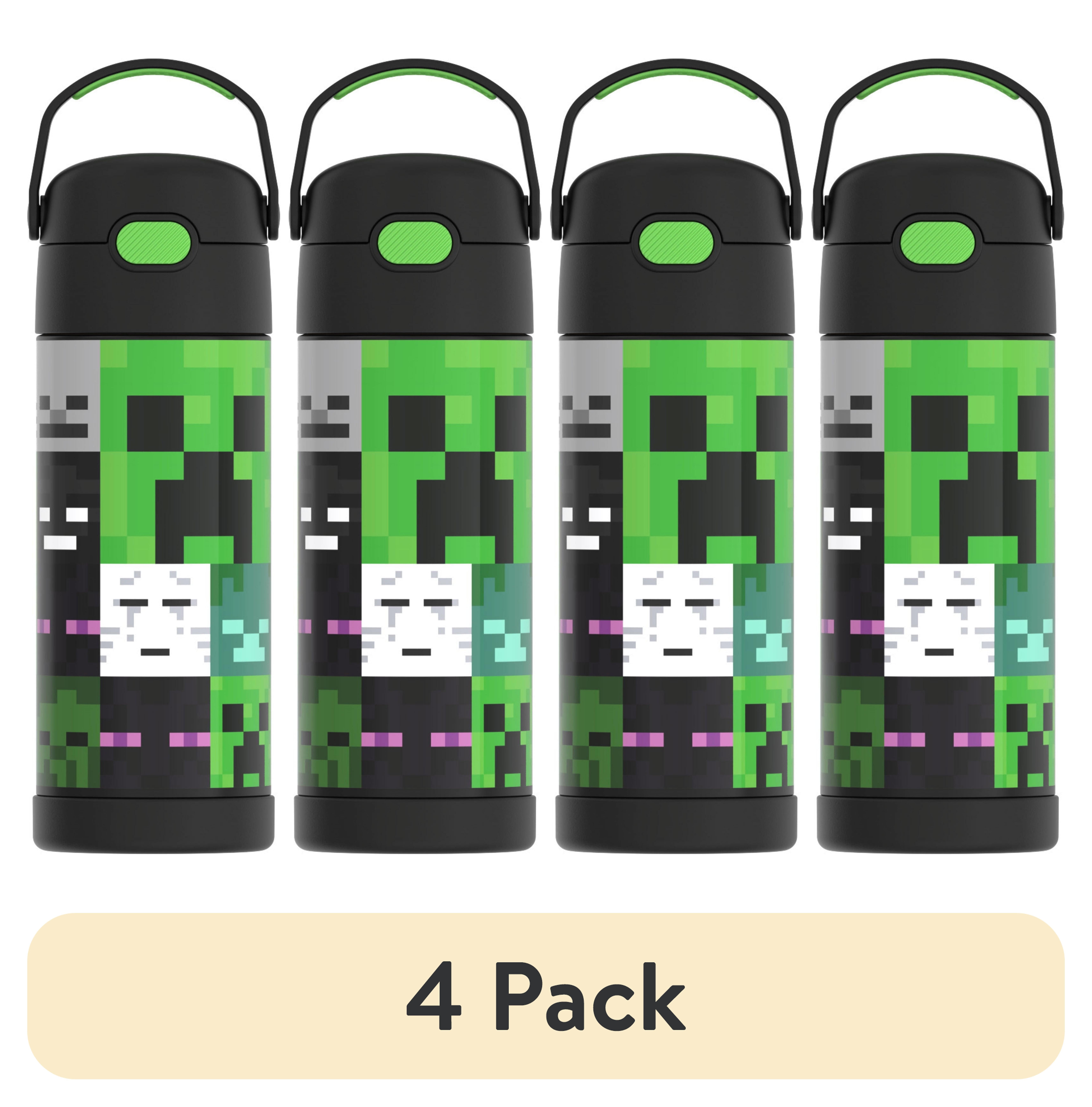 (4 pack) Thermos Kids Stainless Steel Funtainer Bottle with Straw, Dishwasher Safe, Leak Proof, Minecraft 14 oz