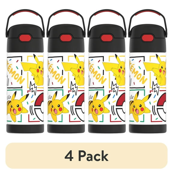 (4 pack) Thermos Kids Stainless Steel Funtainer Water Bottle with Straw, Dishwasher Safe, Leak Proof, Pokemon, 14 Fluid Ounces