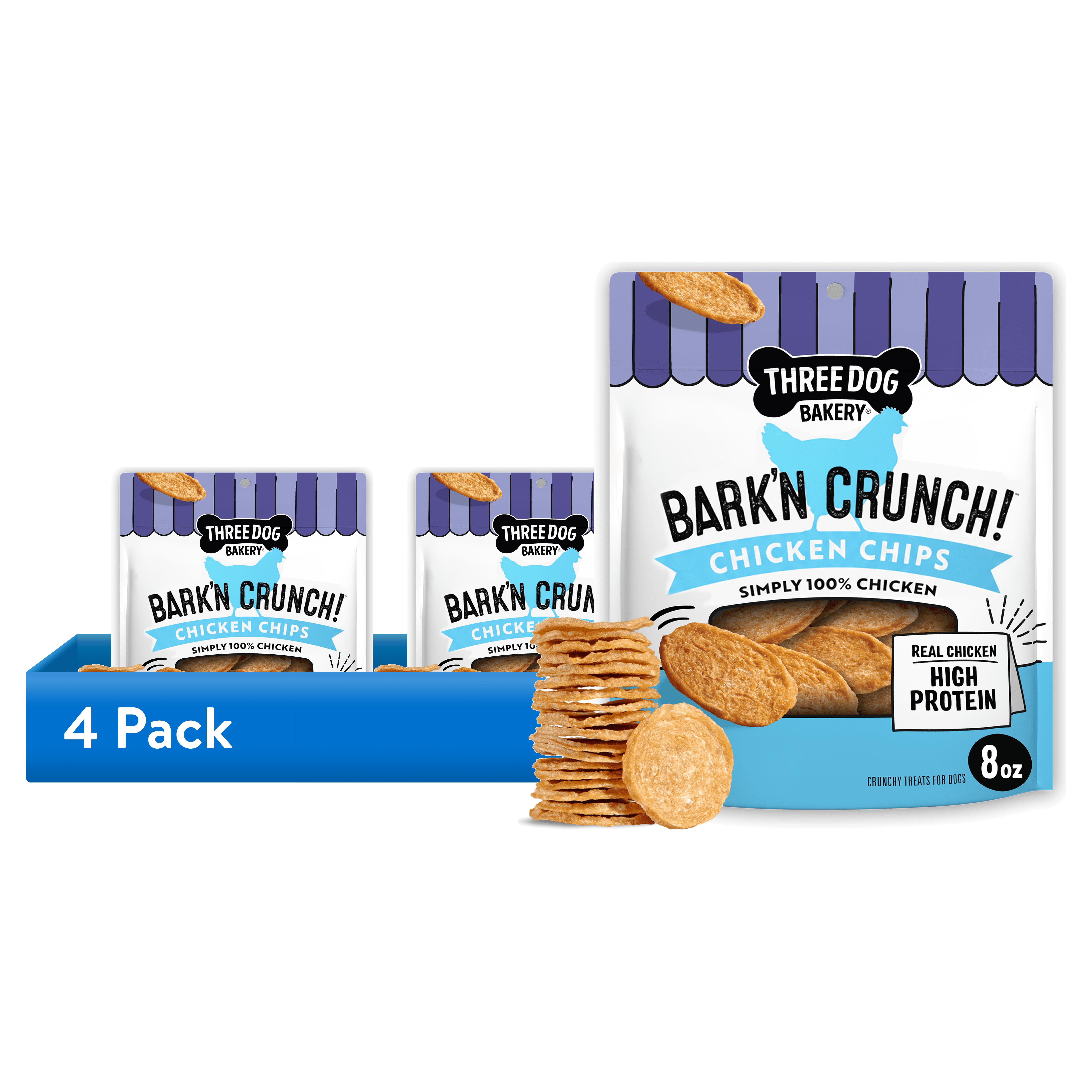 (4 pack) Three Dog Bakery Bark'n Crunch! Chicken Chips with 100% Real Chicken 8oz - High Protein Dog Treats