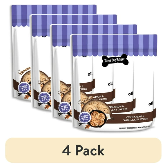 (4 pack) Three Dog Bakery CinnaMutt Roll Crunch, Cinnamon Roll Flavored Crunchy Dog Treat, 25oz