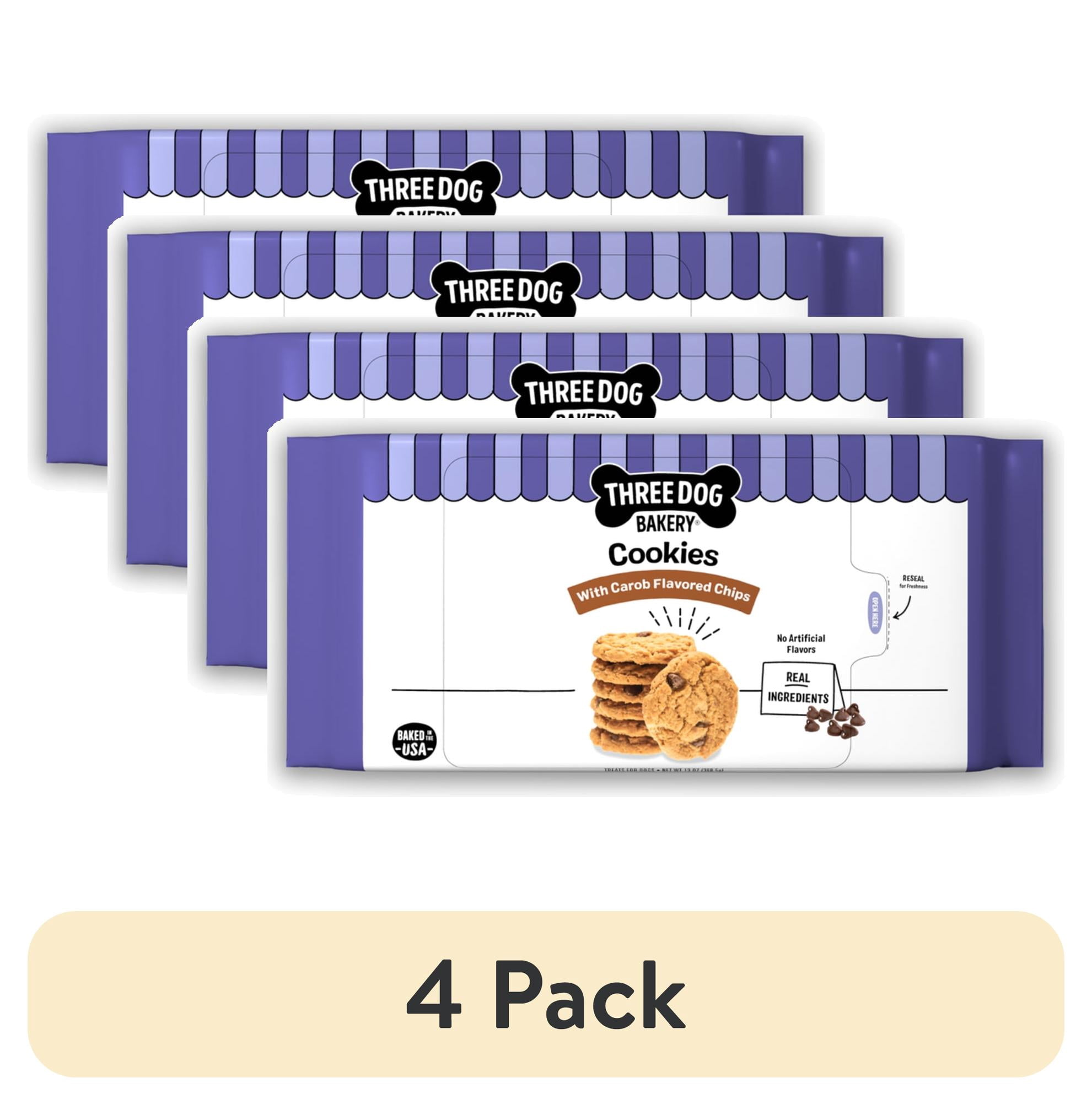 (4 pack) Three Dog Bakery Cookies with Carob Flavored Chips, Baked Dog Treats, 13 oz