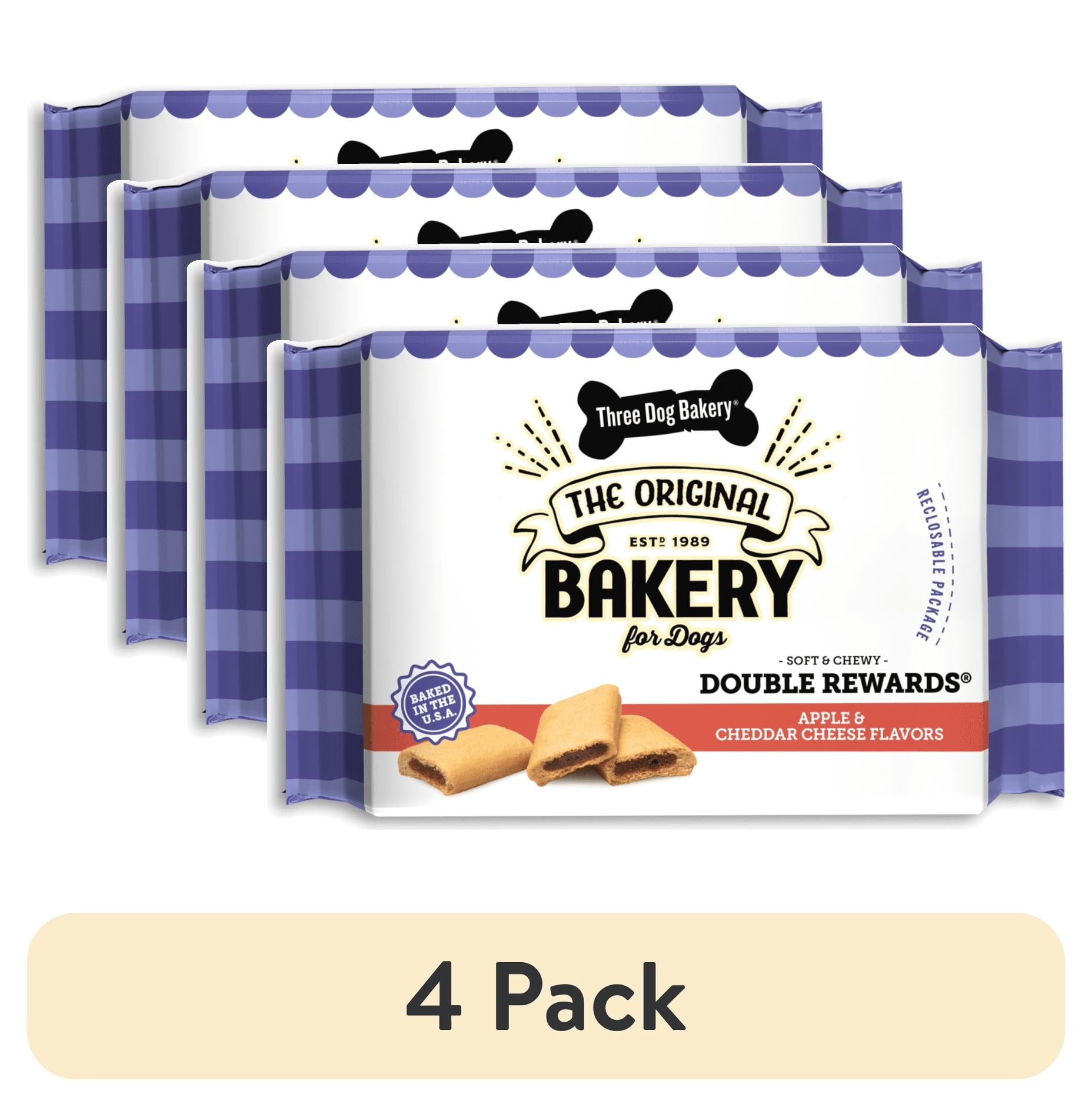 (4 pack) Three Dog Bakery Double Rewards Apple & Cheese Soft & Chewy Treats for Dogs, 10oz