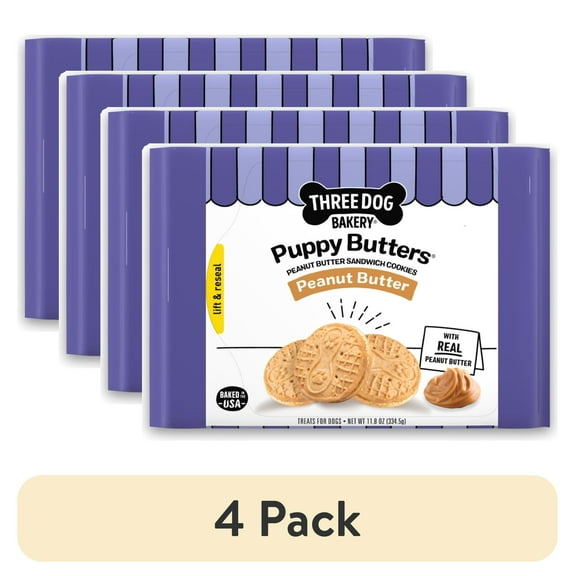 (4 pack) Three Dog Bakery Puppy Butters, Crunchy Peanut Butter Dog Sandwich Cookies, 11.8 oz
